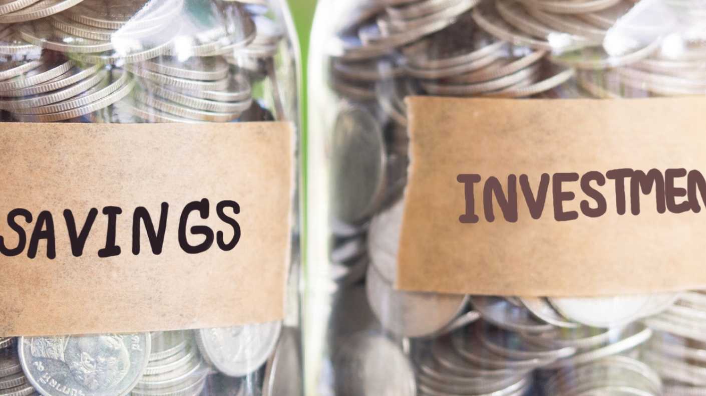 two coin filled jars with the labels savings and investment