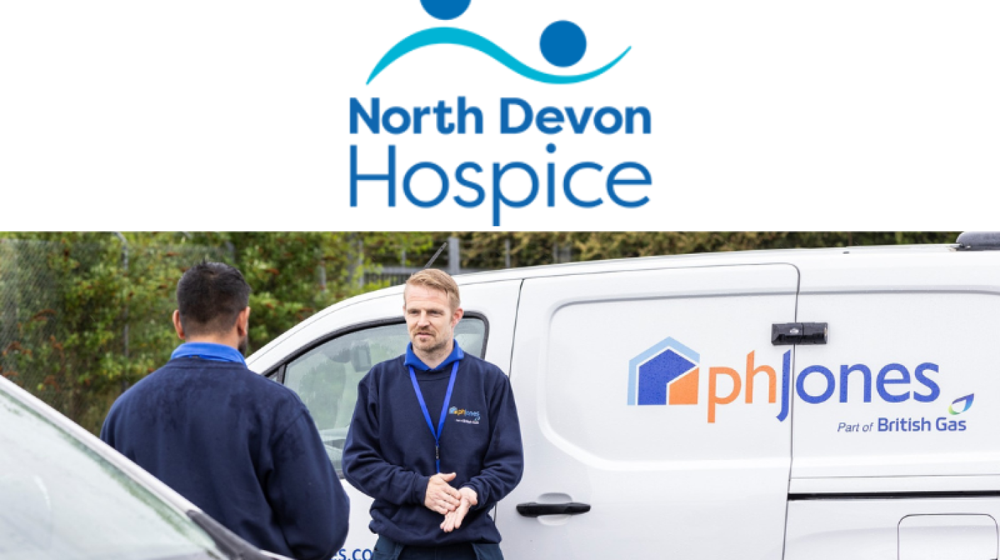 North Devon Hospice logo with image of PH Jones staff and sign written van