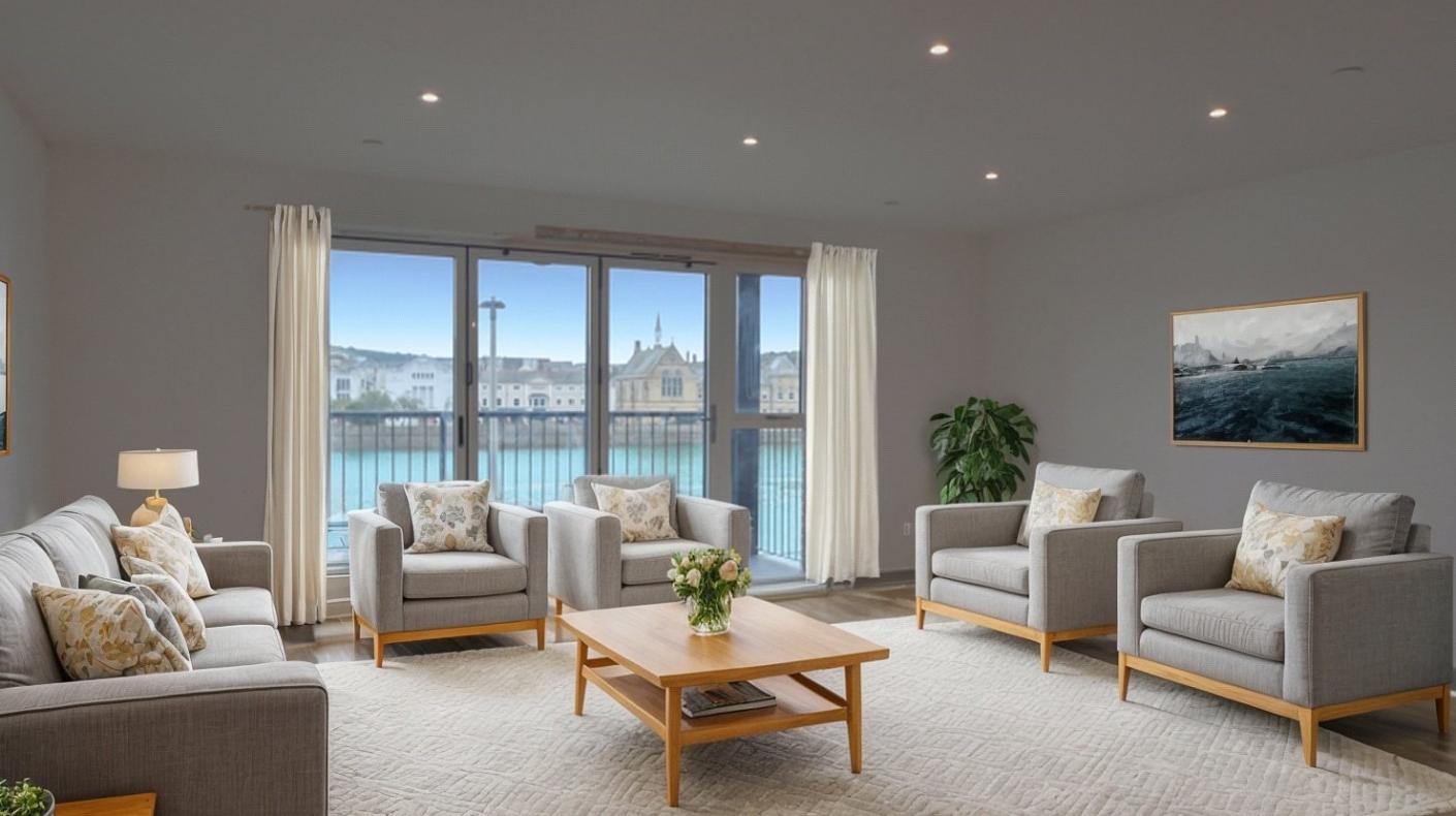 A lounge room with two chairs a sofa and a table with french doors overlooking the river