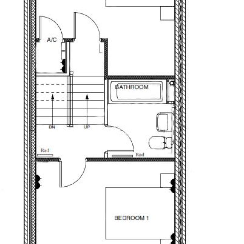 Floor plan of the first floor of a house showing: 2 bedrooms, a bathroom, airing cupboard and flight of stairs.
